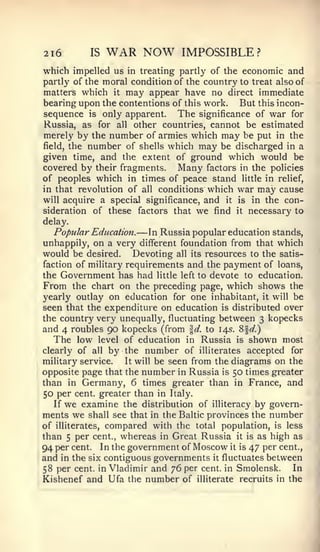 2i6        IS   WAR NOW          IMPOSSIBLE?
which impelled us  in treating partly of the economic and
partly of the moral condition of the country to treat also of
matters which it may appear have no direct immediate
bearing upon the contentions of this work.  But this incon-
sequence is only apparent. The significance of war for
Russia, as for all other countries, cannot be estimated
merely by the number of armies which may be put in the
field, the number of shells which may be discharged in a
given time, and the extent of ground which would be
covered by their fragments.    Many factors in the policies
of peoples which in times of peace stand little in relief,
in that revolution of all conditions which war may cause
will acquire a special significance, and it is in the con-
sideration of these factors that we find it necessary to
delay.
   Popular Education. —    In Russia popular education stands,
unhappily, on a very different foundation from that which
would be desired. Devoting all its resources to the satis-
faction of military requirements and the payment of loans,
the Government has had little left to devote to education.
From the chart on the preceding page, which shows the
yearly outlay on education for one inhabitant, it will be
seen that the expenditure on education is distributed over
the country very unequally, fluctuating between 3 kopecks
and 4 roubles 90 kopecks (from d. to 145. 8f(/.)
   The low level of education in Russia is shown most
clearly of all by the number of illiterates accepted for
military service.   It will be seen from the diagrams on the
opposite page that the number in Russia is 50 times greater
than in Germany, 6 times greater than in France, and
50 per cent, greater than in Italy.
   If we examine the distribution of illiteracy by govern-
ments we shall see that in the Baltic provinces the number
of illiterates, compared with the total population, is less
than 5 per cent., whereas in Great Russia it is as high as
94 per cent. In the government of Moscow it is 47 per cent.,
and in the six contiguous governments it fluctuates between
58 per cent, in Vladimir and "j^ per cent, in Smolensk.     In
Kishenef and Ufa the number of illiterate recruits in the
 