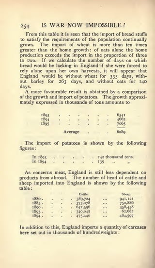 :                                                       :




254            IS     WAR NOW                  IMPOSSIBLE               ?


   From       this table   it   is   seen that the import of bread stuffs
to satisfy the requirements of the population continually
grows. The import of wheat is more than ten times
greater than the home growth       of oats alone the home
                                                    :


production exceeds the import in the proportion of three
to two.    If we calculate the number of days on which
bread would be lacking in England if she were forced to
rely alone upon her own harvests, it will appear that
England would be without wheat for 333 days, with-
out barley for 263 days, and without oats for 140
days.
  A   more favourable result is obtained by a comparison
of the growth and import of potatoes. The growth approxi-
mately expressed in thousands of tons amounts to


               1893                                              6541
               1894                                              4662
               1895                                              7065

                                Average                          6089


  The import           of potatoes           is     shown by     the        following
figures

         In 1893                                        142 thousand tons.
         In 1894                                        135    .>      »


  As concerns meat, England is still less dependent on
products from abroad. The number of head of cattle and
sheep imported into England is shown by the following
table:
                                          Cattle.                      Sheep.
         1880.                       •   389.724                      941,121
         1885  .                     •   373.078                      750,886
         1890  .                     .   642,596                      358,458
         1893-                       .   340,045                       62,682
         1894.                       .   475,440                      484.597


In addition to this, England imports a quantity of carcases
here set out in thousands of hundredweights
 