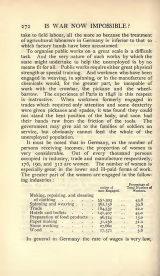 :




272          IS   WAR NOW            IMPOSSIBLE?
take to field labour, all the more so because the treatment
of agricultural labourers in Germany is inferior to that to
which factory hands have been accustomed.
   To organise public works on a great scale is a difficult
task.   And the very nature of such works by which the
state might undertake to help the unemployed is by no
means fit for all. Public works require either great physical
strength or special training. And workmen who have been
engaged in weaving, in spinning, or in the manufacture of
chemicals would, for the greater part, be incapable of
work with the crowbar, the pickaxe and the wheel-
barrow.    The experience of Paris in 1848 in this respect
is instructive.    When workmen formerly engaged in
trades which required only attention and some dexterity
were given pickaxes and spades, it was found they could
not stand the bent position of the body, and soon had
their hands raw from the friction of the tools.          The
government may give aid to the families of soldiers on
service, but obviously cannot feed the whole of the
unemployed population.
   It must be noted that in Germany, in the number of
persons receiving incomes, the proportion of women is
very considerable.       Out of every thousand persons
occupied in industry, trade and manufacture respectively,
176, 190, and 312 are women.       The number of women is
especially great in the lower and ill-paid forms of work.
The greater part of the women are engaged in the follow-
ing industries
                                                        Percentage of
                                         umber   of    Total Number ai
                                        men Engaged.       Workers.
      Making, repairing, and cleaning
        of clothing                     551.303              43-8

    Trade         ....
    Spinning and weaving

      Hotels and buffets
                                        362,138
                                        i84'537
                                        141,407
                                                             39-8
                                                             22.0
                                                             45-0
      Preparation of food products       96,724              13.0
    Paper making      .                  31,256              31.2
    Stone working     .                  27,660               7-9
    Wood                                 27,372               5.8

  In general in       Germany   the rate of wages      is   very low,
 