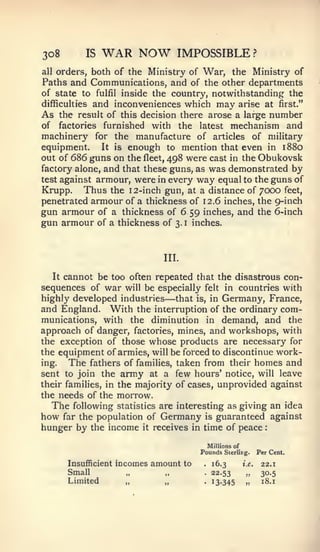 :




3o8         IS    WAR NOW             IMPOSSIBLE ?
all orders, both of the Ministry of War, the Ministry of
Paths and Communications, and of the other departments
of state to fulfil inside the country, notwithstanding the
difficulties and inconveniences which may arise at first."
As the result of this decision there arose a large number
of           furnished with the latest mechanism and
      factories
machinery for the manufacture of articles of military
equipment.    It is enough to mention that even in 1880
out of 686 guns on the fleet, 498 were cast in the Obukovsk
factory alone, and that these guns, as was demonstrated by
test against armour, were in every way equal to the guns of
Krupp. Thus the 12-inch gun, at a distance of 7000 feet,
penetrated armour of a thickness of 12.6 inches, the 9-inch
gun armour of a thickness of 6 59 inches, and the 6-inch
gun armour of a thickness of 3.1 inches.


                                 III.


   It cannot be too often repeated that the disastrous con-
sequences of war will be especially felt in countries with
                                  —
highly developed industries that is, in Germany, France,
and England. With the interruption of the ordinary com-
munications, with the diminution in demand, and the
approach of danger, factories, mines, and workshops, with
the exception of those whose products are necessary for
the equipment of armies, will be forced to discontinue work-
ing.   The fathers of families, taken from their homes and
sent to join the army at a few hours' notice, will leave
their families, in the majority of cases, unprovided against
the needs of the morrow.
   The following statistics are interesting as giving an idea
how far the population of Germany is guaranteed against
hunger by the income it receives in time of peace

                                                Millions of
                                           Pounds    Sterling;.      Per Cent.

        Insufficient   incomes amount to    .    16.3         i.e.    22.1
        Small            „        „         .    22.53         »      30.5
        Limited          „        „         .    13.345        „      18.1
 