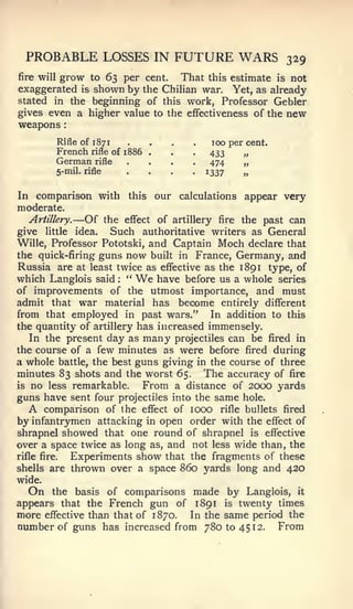 :




 PROBABLE LOSSES IN FUTURE WARS                                                  329
fire will   grow       to 63 per cent.                   That   this estimate is not
exaggerated is shown by the Chilian war. Yet, as already
stated in the beginning of this work, Professor Gebler
gives even a higher value to the effectiveness of the new
weapons
            Rifle of   1   87 1        .      .      .     .     100 per cent.
            French
            German
                       rifle


            5-mil. rifle
                           rifle       ....
                                  of 1886

                                       .
                                              .




                                              .     .
                                                     .     .




                                                           .
                                                                 433
                                                                 474
                                                                1337
                                                                        „
                                                                        „
                                                                        „

In comparison with                     this       our calculations appear very
moderate.
   Artillery.     —
                Of the effect of artillery fire the past can
give little idea.   Such authoritative writers as General
Wille, Professor Pototski, and Captain Moch declare that
the quick-firing guns now built in France, Germany, and
Russia are at least twice as effective as the 1891 type, of
which Langlois said "                      We
                              have before us a whole series
                                   :



of improvements of the utmost importance, and must
admit that war material has become entirely different
from that employed in past wars." In addition to this
the quantity of artillery has increased immensely.
   In the present day as many projectiles can be fired in
the course of a few minutes as were before fired during
a whole battle, the best guns giving in the course of three
minutes 83 shots and the worst 65. The accuracy of fire
is no less remarkable.     From a distance of 2000 yards
guns have sent four projectiles into the same hole.
  A    comparison of the effect of looo rifle bullets fired
by infantrymen attacking in open order with the effect of
shrapnel showed that one round of shrapnel is effective
over a space twice as long as, and not less wide than, the
rifle fire.  Experiments show that the fragments of these
shells are thrown over a space 860 yards long and 420
wide.
   On the basis of comparisons made by Langlois, it
appears that the French gun of 1891 is twenty times
more effective than that of 1870. In the same period the
number of guns has increased from 780 to 4512. From
 