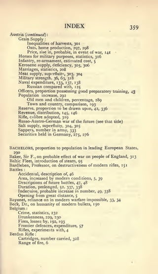 :             :




                                           INDEX                               359
Austria {continued)            :


    Grain Supply
         Inequalities of harvests, 301
               home production, 297, 298
              Oats,
         Price, rise in, probable, in event of war, 141
    Horses for military purposes, statistics, 316
    Infantry, re-armament, estimated cost, 5
    Kerosene supply, deficiency, 305, 306
    Marriages,           statistics,     208
    Meat  supply, superfluit', 303, 304
    Military strength, 36, 63, 318
    Naval expenditure, 133, 137, 138
         Russian compared with, 125
    Officers, proportion possessing good preparatory training,                 43
    Population increase, 292
              Old men and children, percentage, 289
              Town and country, comparison, 193
    Reserve, proportion to be drawn upon, 42, 336
    Revenue, distribution,   145, 146
    Rifle, calibre adopted, 319
    Russo-Austro-German war of the future (see that                 title)
    Salt supply, superfluity, 304, 305
    Sappers, number in army, 333
    Securities held in Germany, 275, 276



Bachelors, proportion                to population in leading   European     States,
  290
Baker, Sir F., on probable effect of war on people of England, 313
Baltic Fleet, introduction of steam, 95
Bardleben, Professor, on destructiveness of modern rifles, 151
Battles  :


     Accidental, descriptionof, 46
    Area, increased by modern conditions, 5, 39
    Descriptions of future battles, 47, 48
    Duration, prolonged, 52, 337, 338
    Indecisive, probable increase in number, 49, 338
    Opening from great distance, 5
Bayonet, reliance on in modern warfare impossible, ii, 34
Beck, Dr., on humanity of modern bullets, 150
Belgium
    Crime,       statistics,       232
    Drunkenness, 229, 230
    Fires, losses by, 192, 193
    Frontier defences, expenditure, 57
    Rifles, experiments with, 4
Berdan       Rifle   :


    Cartridges, number carried, 328
    Range of fire, 6
 