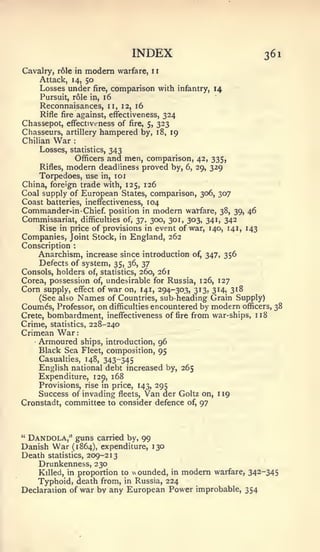 :                    1




                                   INDEX                                361
Cavalry, role in modem warfare, 1
    Attack, 14, 50
    Losses under fire, comparison with infantry, 14
    Pursuit, role in, 16
    Reconnaisances, 11, 12, 16
     Rifle fire against, effectiveness, 324
Chassepot, effectiveness of fire, 5, 323
Chasseurs, artillery hampered by, 18, 19
Chilian War     :



    Losses, statistics, 343
                 Officers   and men, comparison,       42, 335,
    Rifles,   modem       deadliness proved by,3296, 29,
    Torpedoes, use in, loi
China, foreign trade with, 125, 126
Coal supply of European States, comparison, 306, 307
Coast batteries, ineffectiveness, 104
Commander-in-Chief position       in modem warfare, 38, 39, 46
Commissariat, difficulties of, 37, 300, 301, 303, 341, 342
     Rise in price of provisions in event of war, 140, 141, 143
Companies, Joint Stock, in England, 262
Conscription    ;


    Anarchism, increase since introduction of, 347, 356
    Defects of system, 35, 36, 37
Consols, holders of, statistics, 260, 261
Corea, possession of, undesirable for Russia, 126, 127
Com supply, effect of war on, 141, 294-303, 313, 314, 318
    (See also Names of Countries, sub-heading Grain Supply)
Coumds, Professor, on difficulties encountered by modern officers, 38
Crete,   bombardment,       ineffectiveness of fire   from war-ships, 118
Crime,   statistics,    228-240
Crimean    War
    Armoured   ships, introduction, 96
    Black Sea Fleet, composition, 95
    Casualties, 148, 343-345
    English national debt increased by, 265
    Expenditure, 129, 168
    Provisions, rise in price, 143, 295
    Success of invading fleets. Van der Goltz on,           1   19
Cronstadt, committee to consider defence of, 97




" Dandola," guns carried by, 99
Danish War (1864), expenditure, 130
Death statistics, 209-213
    Drunkenness, 330
    Kdled, in proportion to « ounded, in modem warfare, 342-345
    Typhoid, death from, in Russia, 224
Declaration of war by any European Power improbable, 354
 