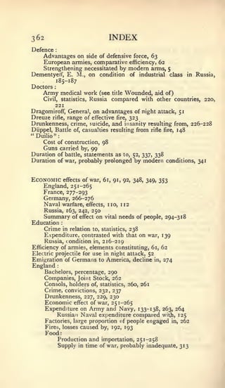 ::




362                             INDEX
Defence
    Advantages on side of defensive force, 63
    European armies, comparative efficiency, 62
     Strengthening necessitated by modern arms, 5
Dementyeff, E. M., on condition of industrial class in Russia,
          185-187
Doctors
    Army medical work (see title Wounded, aid of)
     Civil, statistics, Russia compared with other countries, 220,
          221
Dragomiroff, General, on advantages of night attack, 51
Dreuze rifle, range of efifective fire, 323
Drunkenness, crime, suicide, and insanity resulting from, 226-228
Diippel, Battle of, casualties resulting from rifle fire, 148
"Duilio":
    Cost of construction, 98
    Guns carried by, 99
Duration of battle, statements as to, 52, 337, 338
Duration of war, probably prolonged by modern conditions, 341


Economic    effects of war, 61, 91, 92, 348, 349, 353
    England, 251-265
    France, 277-293
    Germany, 266-276
    Naval warfare, effects, no, 112
    Russia, 163, 242, 250
    Summary of effect on vital needs of people, 294-318
Education         :



     Crime in relation to, statistics, 238
     Expenditure, contrasted with that on war, 139
     Russia, condition in, 216-219
Efficiency of armies, elements constituting, 61, 62
Electric projectile for use in night attack, 52
Emigration of Germans to America, decline         in,   274
England       :



      Bachelors, percentage, 290
      Companies, Joint Stock, 262
      Consols, holders  of, statistics, 260, 261
      Crime, convictions, 232, 237
      Drunkenness, 227, 229, 230
      Economic effect of war, 251-265
      Expenditure on Army and Navy, 133-138, 263, 264
           Russian Naval expenditure compared with, 125
      Factories, large proportion of people engaged in, 262
      Fires, losses caused by, 192, 193
      Food:
              Production and importation, 251-258
              Supply in time of war, probably inadequate, 313
 