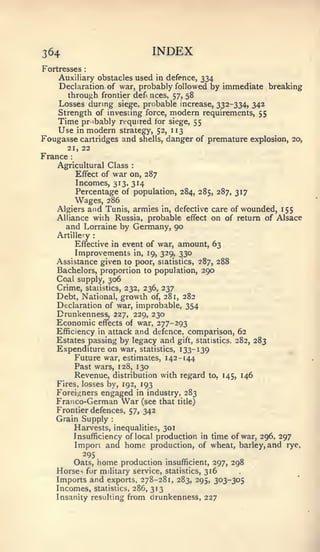 H



364                                INDEX
Fortresses     :


    Auxiliary obstacles used in defence, 334
    Declaration of war, probably followed by immediate breaking
       through frontier defences, 57, 58
    Losses during siege, probable increase, 332-334, 342
    Strength of invesiing force, modern requirements, 55
    Time pr ibably required for siege, 55
    Use in modern strategy, 52, 113
Fougasse cartridges and        shells,   danger of premature explosion,   20,
      21, 22
France   :


    Agricultural Class     :


         Effect of war on, 287
         Incomes, 313. 3
         Percentage of population, 284, 285, 287, 317
             Wages, 286
   Algiers and Tunis, armies in, defective care of wounded, 155
   Alliance with Russia, probable effect on of return of Alsace
      and Lorraine by Germany, 90
   Artillery       :


       Effective in event of war, amount, 63
        Improvements in, 19, 329, 330
   Assistance given to poor, statistics, 287, 288
   Bachelors, proportion to population, 290
   Coal supply, 306
   Crime, statistics, 232, 236, 237
   Debt, National, growth of, 281, 282
   Declaration of war, improbable, 354
   Drunkenness, 227, 229, 230
   Economic effects of war, 277-293
   Efficiency in attack and defence, comparison, 62
   Estates passing by legacy and gift, statistics. 282, 283
   Expenditure on war, statistics, 133-139
        Future war, estimates, 142-144
        Past wars, 128, 130
        Revenue, distribution with regard to, 145, 146
   Fires, losses by, 192, 193
   Foreijjners engaged in industry, 283
   Franco-German War (see that title)
   Frontier defences, 57, 342
   Grain Supply        :


        Harvests, inequaHties, 301
       Insufficiency of local production in time of war, 296, 297
        Import and home production, of wheat, barley, and rye,
          295
       Oats, home production insufficient, 297, 298
   Horses for military service, statistics, 316
   Imports and exports, 278-281, 283, 295, 303-305
   Incomes, statistics, 286, 313
   Insanity resulting from drunkenness, 227
 