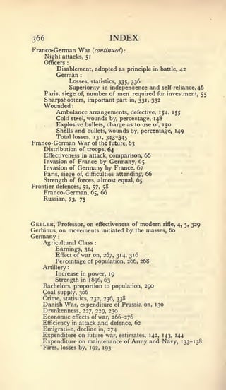 :   :    :       1




366                                              INDEX
Franco-German            War          {continued)   :


      Night attacks,          5
      Officers   :


        '
            Disablement, adopted as principle in battle, 42
            German
                Losses, statistics, 335, 336
                Superiority in indepenaence and self-reliance, 46
      Paris, siege of, number of men required for investment, 55
      Sharpshooters, important part in, 331, 332
    Wounded
            Ambulance arrangements, defective, 154,               155
            Cold steel, wounds by. percentage, 148
         Explosive bullets, charge as to use of, 1 50
         Shells and bullets, wounds by, percentage, 149
        Total losses, 131, 343-345
Franco-German War of the future, 63
    Distribution of troops, 64
    Effectiveness in attack, comparison, 66
    Invasion of France by Germany, 65
    Invasion of Germany by France. 67
    Paris, siege         of, difficulties         attending, 66
    Strength of forces, almost equal, 65
Frontier defences, 52, 57, 58
    Franco-German,                    65,   66
    Russian, 73, 75




Gebler,  Professor, on effectiveness of modern rifle,              4, 5,   329
Gerbinus, on movements initiated by the masses, 60
Germany      :


    Agricultural Class                 :


            Earnings, 314
            Effect of war on, 267, 314, 316
            Percentage of population, 266, 268
    Artillery
         Increase in power, 19
         Strength in 1896, 63
    Bachelors, proportion to population, 290
    Coal supply, 306
    Crime, statistics, 232, 236, 338
    Danish War, expenditure of Prussia on, 130
    Drunkenness, 227, 229, 230
    Economic effects of war, 266-276
    Efficiency in attack and defence, 62
    Emigration, decline in, 274
    Expenditure on future war, estimates, 142, 143, 144
    Expenditure on maintenance of Army and Navy, 133-138
   "Fires, losses by, 192, 193
 