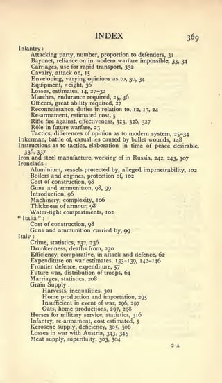 :




                                   INDEX                                  369
Infantry
        Attacking party, number, proportion to defenders, 31
        Bayonet, reliance on in modem warfare impossible, 33, 34
        Carriages, use for rapid transport, 332
        Cavalry, attack on, 15
        Enveloping, varying opinions as       to, 30,   34
        Equipment,   v   eight,
                             36
        Losses, estimates, 14, 27-32
        Marches, endurance required,     25, 36
        Officers, great ability required, 27
        Reconnaissance, duties in relation to, 12, 13,       24
        Re- armament, estimated cost, 5
     Rifle fire against, effectiveness, 323, 326, 327
     Role in future warfare, 23
     Tactics, differences of opinion as to modern system, 25-34
Inkerman, battle of, casualties caused by bullet wounds, 148
Instructions as to tactics, elaboration in time of peace desirable,
  336, 337
Iron and steel manufacture, working of in Russia, 242, 243, 307
Ironclads        :


    Aluminium, vessels protected by, alleged impenetrability, 102
    Boilers and engines, protection of, 102
    Cost of construction, 98
     Guns and ammunition,          98,   99
     Introduction, 96
     Machinery, complexity, 106
     Thickness of armour, 98
     Water-tight compartments, 102
" Italia "   :



     Cost of construction, 98
     Guns and ammunition           carried by, 99
Italy   :


     Crime, statistics, 232, 236.
     Drunkenness, deaths from, 230
     Efficiency, comparative, in attack and defence, 62
     Expenditure on war estimates, 133-139, 142-146
     Frontier defence, expenditure, 57
     Future war, distribution of troops, 64
     Marriages, statistics, 208
     Grain Supply         :


             Harvests, inequalities, 301
             Home production and importation, 295
             Insufficient in event of war, 296, 297
             Oats, home productions, 297, 298
     Horses  for military service, statistics, 316
     Infantry, re-armament, cost estimated, 5
     Kerosene supply, deficiency, 305, 306
     Losses in war with Austria, 343, 345
     Meat supply, superfluity, 303, 304
                                                                  2   A
 