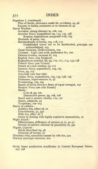 :        :    :




372                                            INDEX
Napoleon      I.   {continued)           :


    Plan of battle, allowance made for accidents, 45, 46
    Success in battle, statement as to chances of, 44
Naval Warfare
    Accident, strong element in, 108, 109
    Austrian Navy, expenditure on, 133, 137, 138
         Russian expenditure compared with, 125
    Blockade of ports, 104
    Bombardment of towns, 103, 118, 119
         Undefended towns not to be bombarded, principle not
           acknowledged, 103
    Coast batteries, ineffectiveness, 104
    Cruisers Light and swift, preference for, 100
                    :



    Destructiveness, increase in, 105
    English Navy (see England)
    Expenditure entailed, 98, 99, no, in, n3, 133-138
    French Navy (see France)
    Future of naval warfare, 93-112
    German Navy, expenditure, 123, 125
    Guns, 99, 103
    Ironclads (see that title)
    Italian Navy, expenditure, 125, 133, 138, 139
    Ordnance, improvements in, 97
    Privateering, 109, 295
    Result of battle between fleets of equal strength, 107
    Russian Navy (see title Russia)
      Shells
           Cost of, 99, 100
           Destructive power, 99, ro6, 108
      Social   and d onomic                  results,   no, 112
      Steam, adoption, 95
      Torpedoes, 100-103
Nerve of    soldiers                 :



      Artillery fire, effect of, 10
      Deterioration, 52, 340
      Rifle   fire,         effect of,   6
      Strain in dealing with highly explosive ammunition, 21
Night Attack
      Effectiveness, difference of opinion as to, 50-52
      Nerves of soldiers affected by possibility of, 340
Nigote, Captain                  :


    Battle described by, 48
    Duration of battles, 52
Nirschau riots, casualties caused by                      rifle fire,   322
Norway marriage statistics, 209


Oats, home production                        insufficient in Central          European   States,
  297, 298
 