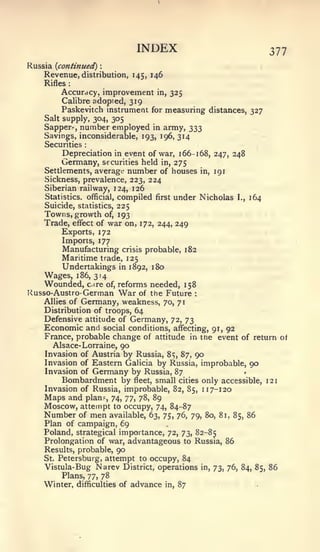 :                       1




                                 INDEX                            377
Russia {continued)       :


    Revenue, distribution, 145, 146
    Rifles   :



        Accuracy, improvement in, 325
        Calibre adopted, 319
        Paskevitch instrument for measuring distances, 327
    Salt supply, 304, 305
    Sapper.-, number employed in   army, 333
    Savings, inconsiderable, 193, 196, 314
    Securities
         Depreciation in event of war, 166-168, 247, 248
        Germany,     securities held in, 275
    Settlements, average number of houses in, igi
    Sickness, prevalence, 223, 224
    Siberian railway, 124, 126
    Statistics, official, compiled first under Nicholas I., 164
    Suicide, statistics, 225
    Towns, growth of, 193
    Trade, effect of war on, 172, 244, 249
         Exports, 172
         Imports, 177
         Manufacturing crisis probable, 182
        Maritime trade, 125
        Undertakings in 1892, 180
    Wages, 1 86, 314
    Wounded,           reforms needed, 158
                     c.ire of,
Kusso-Austro- German    War of the Future    :


    Allies of Germany, weakness, 70, 7
    Distribution of troops, 64
    Defensive attitude of Germany, 72, 73
    Economic and     social conditions, affecting, 91, 92
    France, probable change of attitude in ttie event of return of
       Alsace-Lorraine, 90
    Invasion of Austria by Russia, 85, 87, 90
    Invasion of Eastern Galicia by Russia, improbable, 90
    Invasion of Germany by Russia, 87                     t


         Bombardment by fleet, small cities only accessible, 121
    Invasion of Russia, improbable, 82, 85, 1 17-120
    Maps and plan5, 74, 77, 78, 89
    Moscow, attempt to occupy, 74, 84-87
    Number of men available, 63, 75, 76, 79, 80, 81, 85, 86
    Plan of campaign, 69
    Poland, strategical importance, 72, 73, 82-85
    Prolongation of war, advantageous to Russia, 86
    Results, probable, 90
    St. Petersburg, attempt to occupy, 84
    Vistula- Bug Narev District, operations in, 73, 76, 84, 85, 86
         Plans, 77, 78
    Winter, difficulties of advance in, 87
 