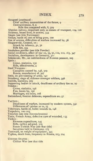 INDEX                          379
Shrapnel {continued)                   :



     Chief artillery ammunition of the future, 9
     Destructiveness, 8, 9
          Rifle fire compared with, 8, 329
Siberian railway, important only as means of transport, 124, 126
Sickness, losses from, in armies, 344
Sieges (see title Fortresses)
Sinope, battle of, cost of firing guns, 100
Size of armies, difficulties of warfare increased by, 36
Skugarevski, General, on                         :


     Attack by infantry, 31, 32
     Rifle fire, 334
Smokeless powder (see title Powder)
Social conditions, effect of war on, 59, 91, no, 112, 163, 347
Socialism, development in Germany, 311
Sokolovski, Mr., on indebtedness of Russian peasant, 205
Spain    :


    Crime,               statistics,       232
     Rifle, efi^ectiveness,                  4
Steel Weapons                :



     Casualties caused by, 148, 319
     Russia, manufacture of, 307
Stein, on provisioning of army, 141
Strasburg, siege of, sickness amongst soldiers, 346
Suicide, statistics, 225
Supporting bodies in attack, deadliness of artillery                fire to,   ic
Sweden           :



    Crime,               statistics,       236
    Fire, losses by, 192
    Marriages, statistics, 108
Switzerland, frontier defences, expenditure on, 57

Tactics              :


     Deadliness of warfare, increased by modern system, 331
     Differences of -opinion as to, 25
Tchernaya, battle of, bullet wounds in, 148
Torpedoes, 100-103
Trenches (see title Entrenchments)
Tunis, French Army, defective care of wounded, 55               J


Turkey       :


    Revenue expenditure, 145
    Rifle, calibre               adopted, 319
    Russo-Turkish                    War     (see that title)
    Securities held in                     Germany, 275
Turnwald, on weight of equipment, 345
Typhus, death from, frequency in Russia, 223, 224

United States                    :


    Chilian              War     (see that title
 
