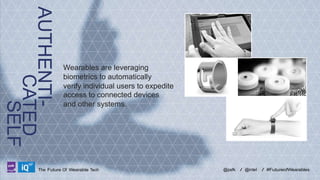 AUTHENTICATED
SELF
LABS

Wearables are leveraging
biometrics to automatically
verify individual users to expedite
access to connected devices
and other systems.

The Future Of Wearable Tech

@psfk

/ @intel

/ #FutureofWearables

 