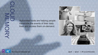 CLOUD
MEMORY
LABS

Automated tools are helping people
transcribe the events of their daily
lives and access them on-demand.

The Future Of Wearable Tech

@psfk

/ @intel

/ #FutureofWearables

 