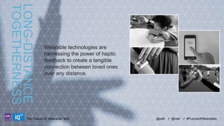 LONG-DISTANCE
TOGETHERNESS
LABS

Wearable technologies are
harnessing the power of haptic
feedback to create a tangible
connection between loved ones
over any distance.

The Future Of Wearable Tech

@psfk

/ @intel

/ #FutureofWearables

 
