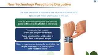 New Technology Posed to be Disruptive
With so many competing wearable devices
price will be deciding factor in the future
To maintain their position
prices will drop considerably
Apple smartwatches will be able to
hold their price point longer
Many consumers are looking for aesthetics the
Apple smartwatch is more stylish
than most bracelets
The Apple smartwatch is expected to take off in the first half of 2015
Estimating 15 million smartwatches in first year
 
