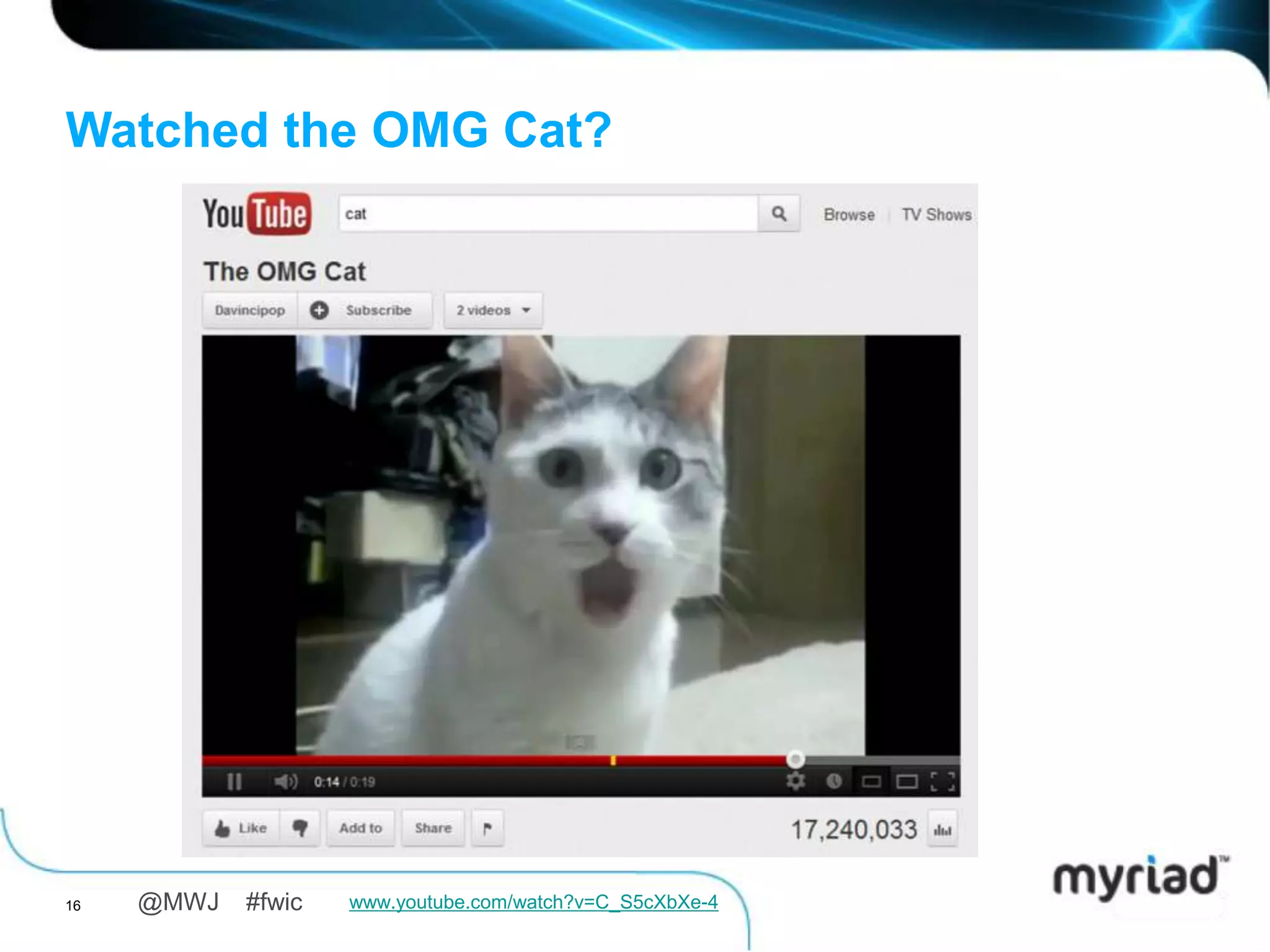Watched the OMG Cat?




16   @MWJ   #fwic   www.youtube.com/watch?v=C_S5cXbXe-4
 