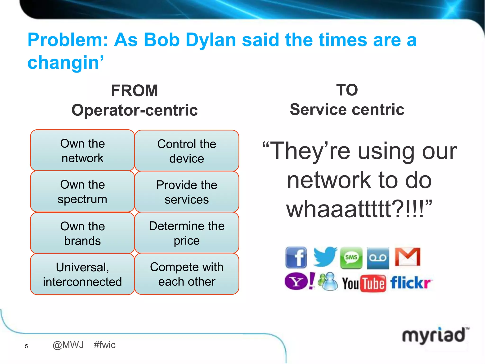 Problem: As Bob Dylan said the times are a
changin’
             FROM                            TO
         Operator-centric              Service centric

       Own the
       network
                      Control the
                        device       “They‟re using our
      Own the         Provide the      network to do
      spectrum         services
                                       whaaattttt?!!!”
       Own the       Determine the
       brands            price

       Universal,    Compete with
    interconnected    each other




5    @MWJ    #fwic
 