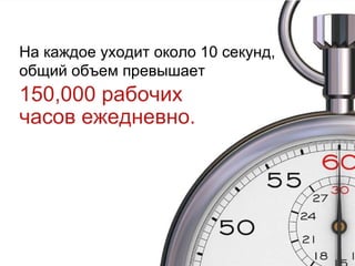 На каждое уходит около  10  секунд ,  общий объем превышает 150,000 рабочих  часов ежедневно.  