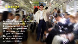 C h a n g e
The New Stable
•Fundamentally driven by technology
•Demands more & more resources
•Increases population density
•Drives up living standards
•Creates ever more jobs
•Targets sustainability
•No sector is immune
•Creates new sectors
•Always accelerating
 