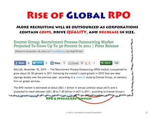 Rise of Global RPO
More recruiting will be outsourced as corporations
 contain costs, drive QUALITY, and decrease in size.




                                           CORP
     Agencies, Consultants            Coordinators &
                                        STRATEGIC
                                        RECRUITERS




            RPO & Specialized Services



                       © 2012, Future of Talent Institute   20	
  
 