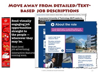 Move away from detailed/Text-
   based job descriptions




           © 2012, Future of Talent Institute   22	
  
 