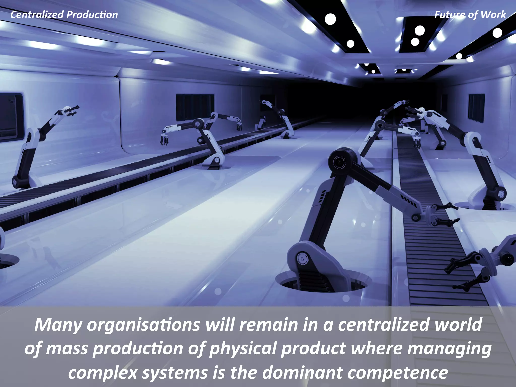 Centralized	
  Produc.on	
                                                Future	
  of	
  Work	
  




    Many	
  organisa.ons	
  will	
  remain	
  in	
  a	
  centralized	
  world	
  	
  
   of	
  mass	
  produc.on	
  of	
  physical	
  product	
  where	
  managing	
  
           complex	
  systems	
  is	
  the	
  dominant	
  competence	
  
 
