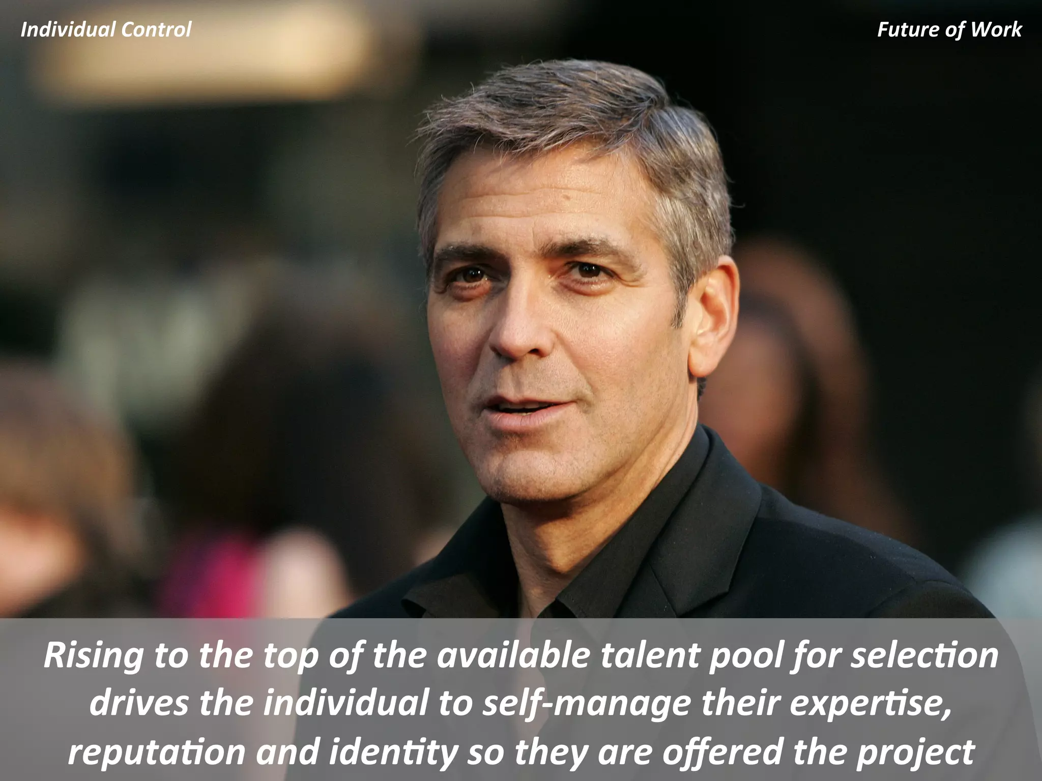 Individual	
  Control	
                                                            Future	
  of	
  Work	
  
                                                                                                       	
  




   Rising	
  to	
  the	
  top	
  of	
  the	
  available	
  talent	
  pool	
  for	
  selec.on	
  
      drives	
  the	
  individual	
  to	
  self-­‐manage	
  their	
  exper.se,	
  
    reputa.on	
  and	
  iden.ty	
  so	
  they	
  are	
  oﬀered	
  the	
  project	
  
 