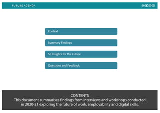 CONTENTS
This document summarises findings from interviews and workshops conducted
in 2020-21 exploring the future of work...
