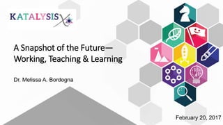 A Snapshot of the Future—
Working, Teaching & Learning
February 20, 2017
Dr. Melissa A. Bordogna
 