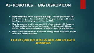 AI+ROBOTICS = BIG DISRUPTION
 World Economic Forum suggests that app. 7 million jobs will be lost
and 2 million gained as...