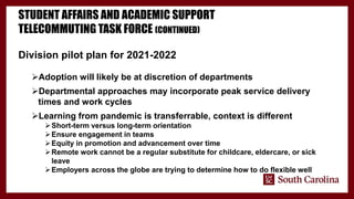 STUDENT AFFAIRS AND ACADEMIC SUPPORT
TELECOMMUTING TASK FORCE (CONTINUED)
Division pilot plan for 2021-2022
Adoption will likely be at discretion of departments
Departmental approaches may incorporate peak service delivery
times and work cycles
Learning from pandemic is transferrable, context is different
Short-term versus long-term orientation
Ensure engagement in teams
Equity in promotion and advancement over time
Remote work cannot be a regular substitute for childcare, eldercare, or sick
leave
Employers across the globe are trying to determine how to do flexible well
 