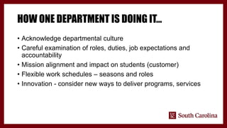 HOW ONE DEPARTMENT IS DOING IT…
• Acknowledge departmental culture
• Careful examination of roles, duties, job expectations and
accountability
• Mission alignment and impact on students (customer)
• Flexible work schedules – seasons and roles
• Innovation - consider new ways to deliver programs, services
 