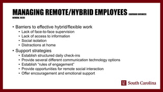MANAGING REMOTE/HYBRID EMPLOYEES (HARVARD BUSINESS
REVIEW, 2020)
• Barriers to effective hybrid/flexible work
• Lack of face-to-face supervision
• Lack of access to information
• Social isolation
• Distractions at home
• Support strategies
• Establish structured daily check-ins
• Provide several different communication technology options
• Establish “rules of engagement”
• Provide opportunities for remote social interaction
• Offer encouragement and emotional support
 