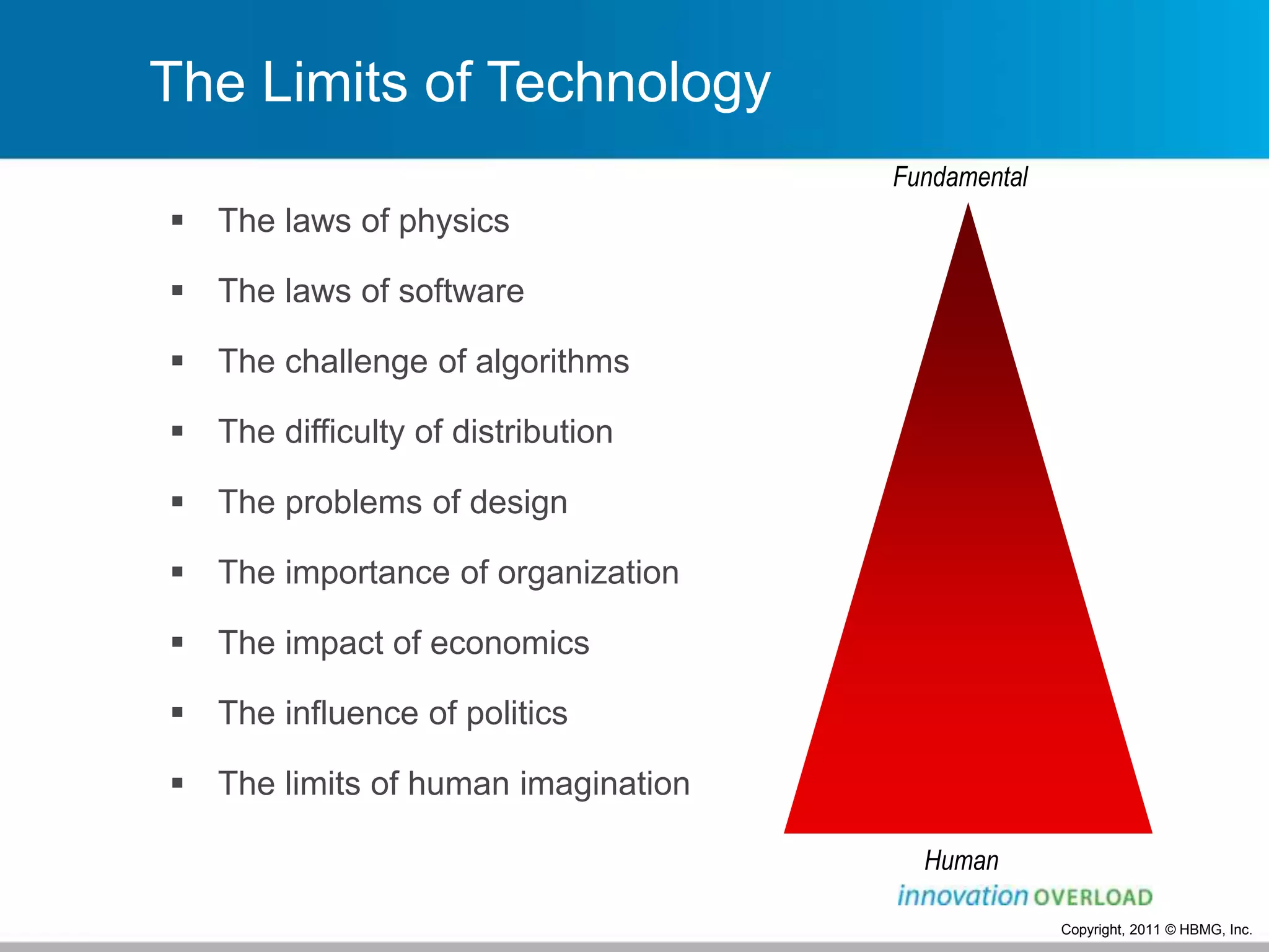 Copyright, 2011 © HBMG, Inc.
The Limits of Technology
 The laws of physics
 The laws of software
 The challenge of algorithms
 The difficulty of distribution
 The problems of design
 The importance of organization
 The impact of economics
 The influence of politics
 The limits of human imagination
Fundamental
Human
 