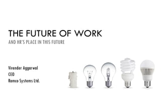 THE FUTURE OF WORK
AND HR’S PLACE IN THIS FUTURE
EVENT: IMA HR ROUNDTABLE- OCT 2015
Virender  Aggarwal  
CEO  
Ramco  Systems  Ltd.  
 