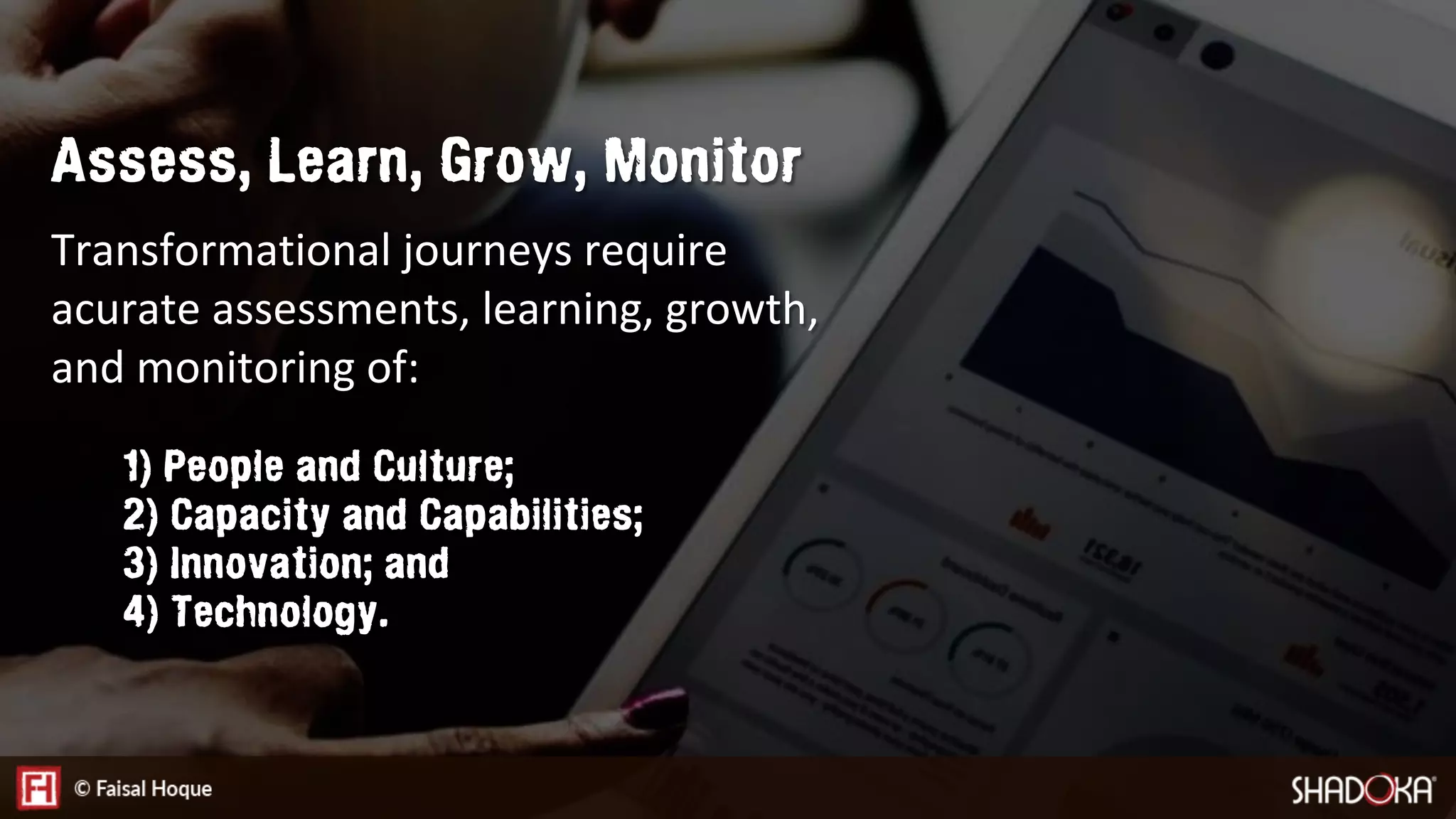 Assess, Learn, Grow, Monitor

Transformational journeys require
acurate assessments, learning, growth,
and monitoring of: 

1) People and Culture;
2) Capacity and Capabilities;
3) Innovation; and
4) Technology.
 
