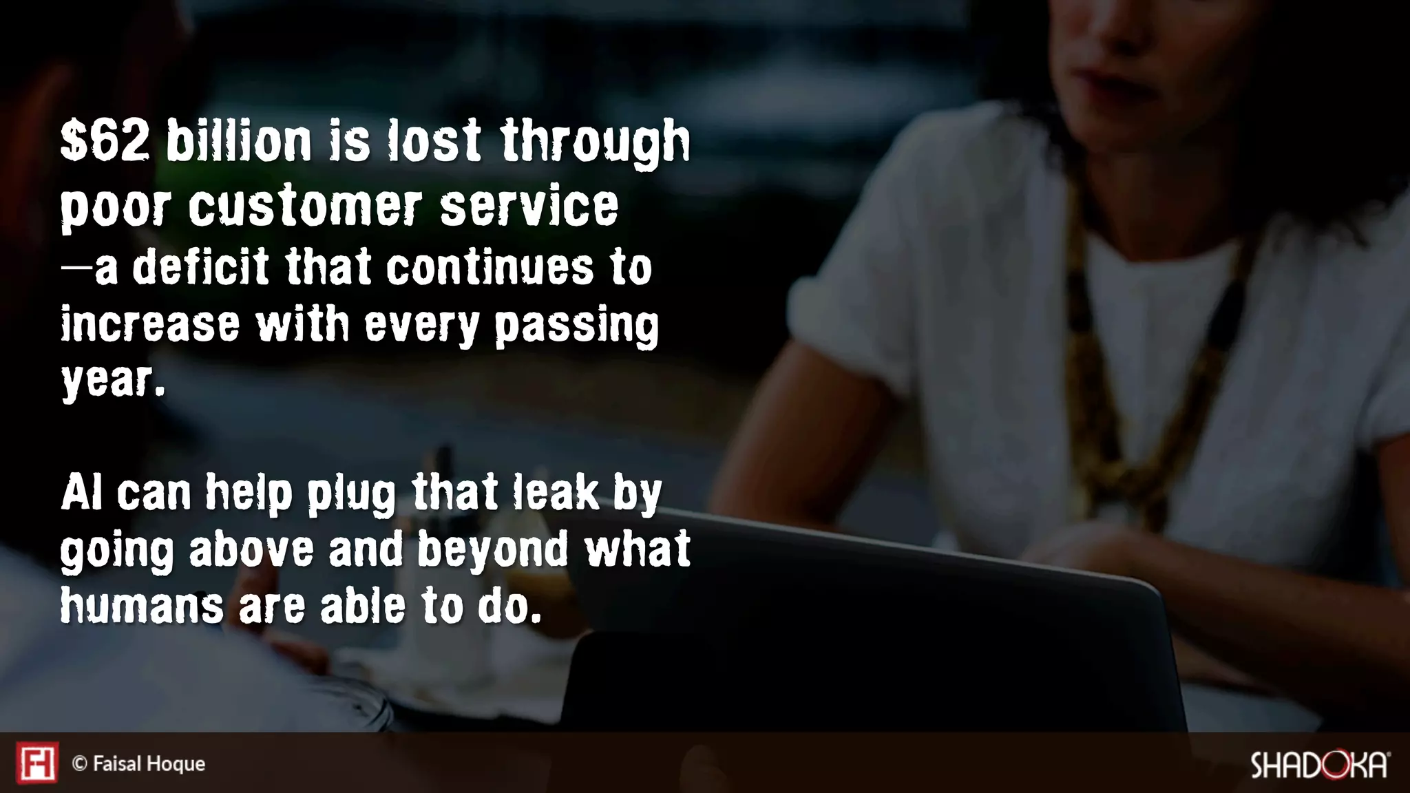 $62 billion is lost through
poor customer service 
— a deficit that continues to
increase with every passing
year.
AI can help plug that leak by
going above and beyond what
humans are able to do.
 