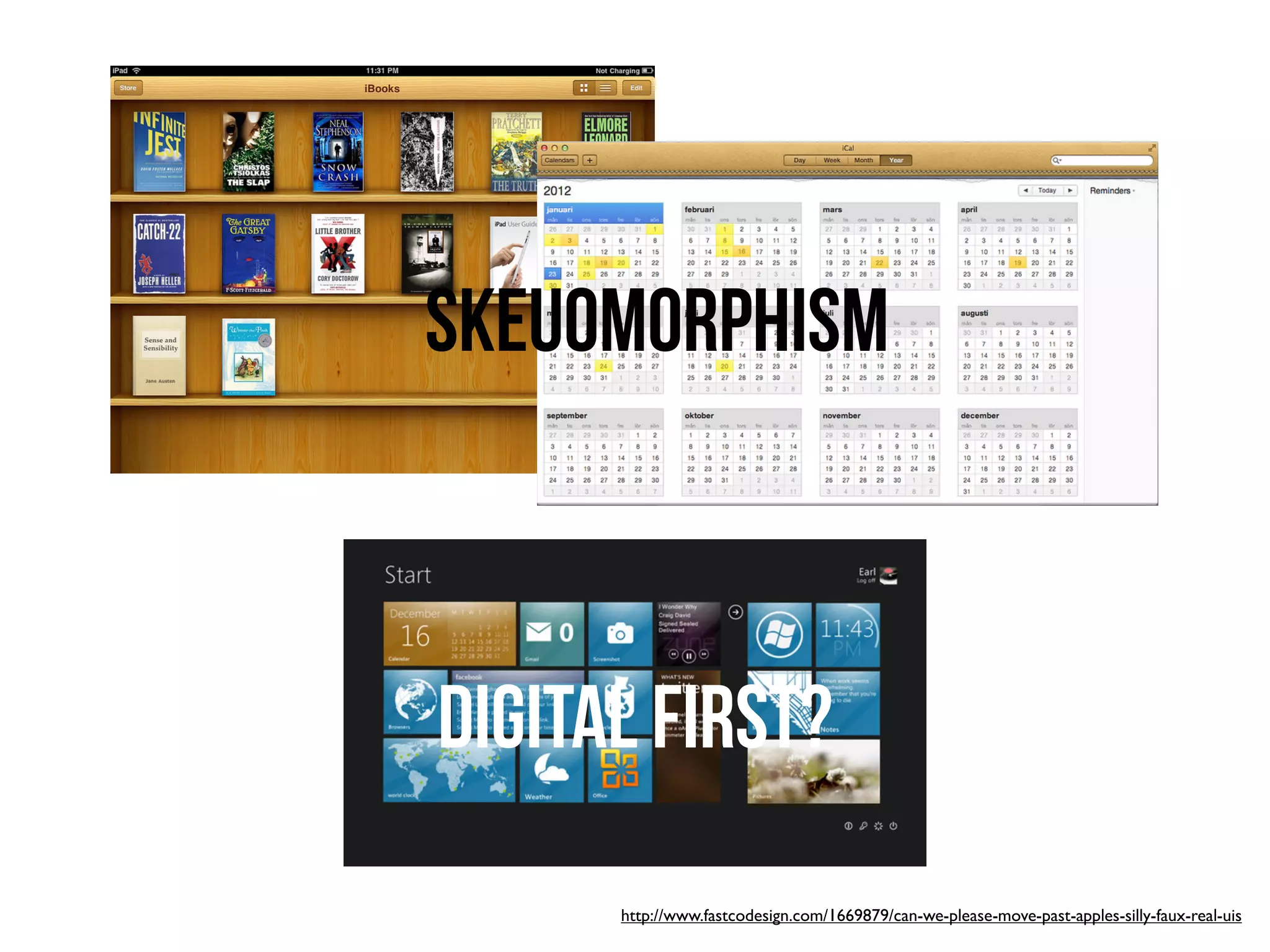 skeuomorphism



DIGITAL First?
      http://www.fastcodesign.com/1669879/can-we-please-move-past-apples-silly-faux-real-uis
 