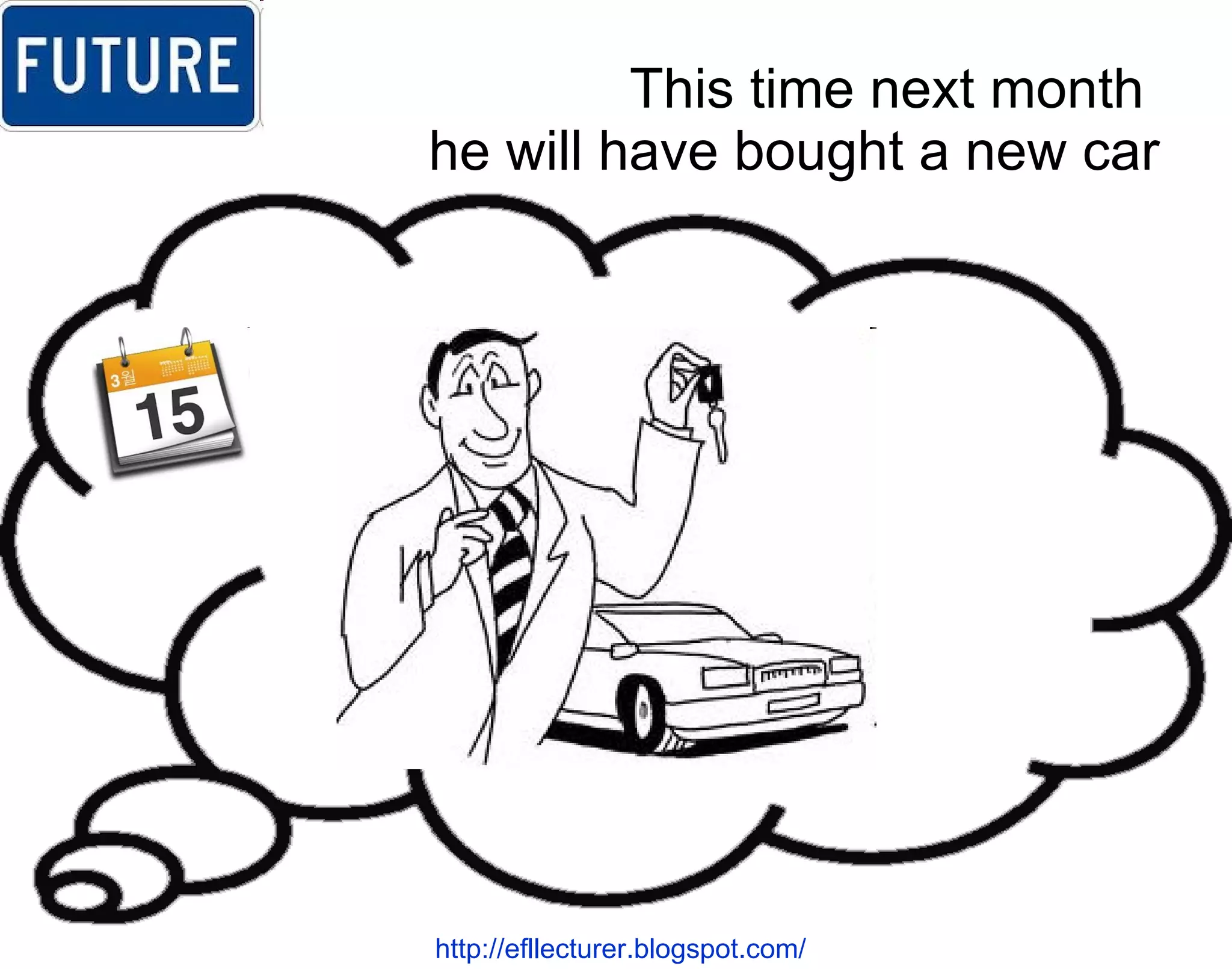This time next month  he will have bought a new car http://efllecturer.blogspot.com/   