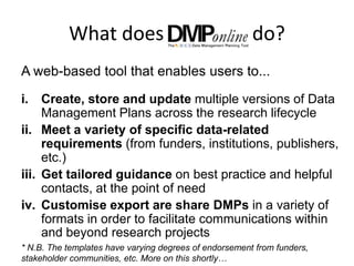 What does                                    do?
A web-based tool that enables users to...

i.   Create, store and update multiple versions of Data
     Management Plans across the research lifecycle
ii. Meet a variety of specific data-related
     requirements (from funders, institutions, publishers,
     etc.)
iii. Get tailored guidance on best practice and helpful
     contacts, at the point of need
iv. Customise export are share DMPs in a variety of
     formats in order to facilitate communications within
     and beyond research projects
* N.B. The templates have varying degrees of endorsement from funders,
stakeholder communities, etc. More on this shortly…
 