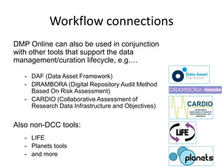 Workflow connections
DMP Online can also be used in conjunction
with other tools that support the data
management/curation lifecycle, e.g.…

   - DAF (Data Asset Framework)
   - DRAMBORA (Digital Repository Audit Method
     Based On Risk Assessment)
   - CARDIO (Collaborative Assessment of
     Research Data Infrastructure and Objectives)


Also non-DCC tools:
   - LIFE
   - Planets tools
   - and more
 