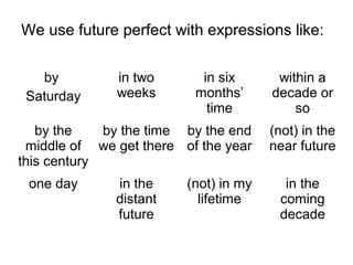 We use future perfect with expressions like:
by
Saturday
in two
weeks
in six
months’
time
within a
decade or
so
by the
middle of
this century
by the time
we get there
by the end
of the year
(not) in the
near future
one day in the
distant
future
(not) in my
lifetime
in the
coming
decade
 