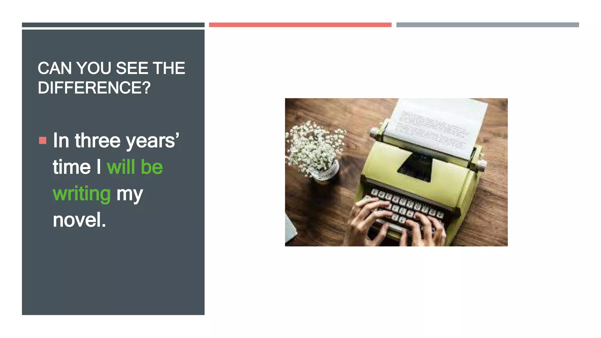 CAN YOU SEE THE
DIFFERENCE?
 In three years’
time I will be
writing my
novel.
 
