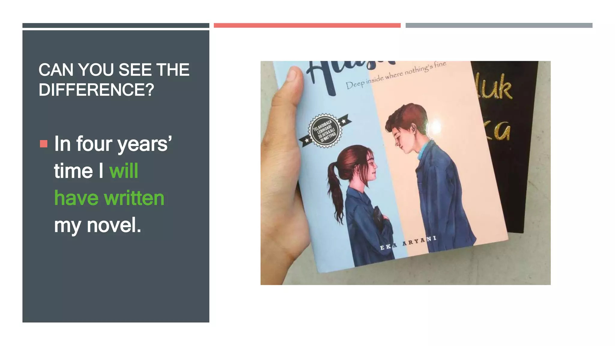 CAN YOU SEE THE
DIFFERENCE?
 In four years’
time I will
have written
my novel.
 