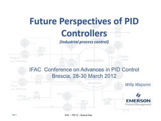 Future Perspectives of PID
                 Controllers
                     (industrial process control)




          IFAC Conference on Advances in PID Control
                 Brescia, 28-30 March 2012
                                                       Willy Wojsznis




Slide 1                IFAC - PID’12 – Brescia Italy
 