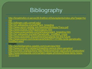    http://broekhofict.nl.server26.firstfind.nl/futureplants/index.php?page=ho
    me
   http://plbrgen.cals.cornell.edu/
   http://en.wikipedia.org/wiki/Plant_breeding
   http://www.agron.iastate.edu/seedsandbreeds/Tracy.pdf
   http://www.eubios.info/Papers/gecsc.htm
   http://www.sciencedaily.com/articles/p/plant_breeding.htm
   http://en.wikipedia.org/wiki/Genetically_modified_crops
   http://www.epsoweb.org/partnerships/plants-for-the-future
   http://www.popsci.com/science/article/2011-01/life-cycle-genetically-
    modified-seed
   Images:
   http://worldofgenetics.weebly.com/overview.html
   http://www.scq.ubc.ca/plant-breeding-versus-plant-genetics/
   http://ourohio.org/teachers/Take-Note/american-agriculture-production/
   http://www.tomsguide.com/us/latro-algae-photosynthesis-lamp,news-
    7012.html
 