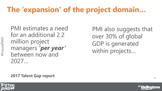 #FuturePMO
The ‘expansion’ of the project domain…
PMI estimates a need
for an additional 2.2
million project
managers ‘per...