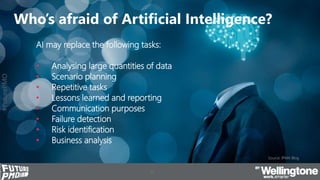 #FuturePMO
Who’s afraid of Artificial Intelligence?
AI may replace the following tasks:
• Analysing large quantities of da...