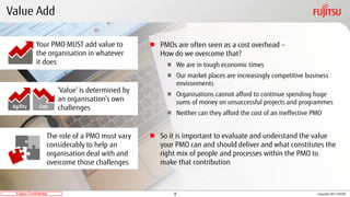 9Fujitsu Confidential Copyright 2017 FUJITSU
Your PMO MUST add value to
the organisation in whatever
it does
Value Add
Agi...