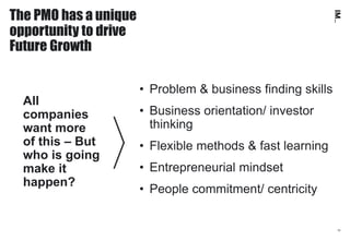 10
The PMO has a unique
opportunity to drive
Future Growth
• Problem & business finding skills
• Business orientation/ inv...