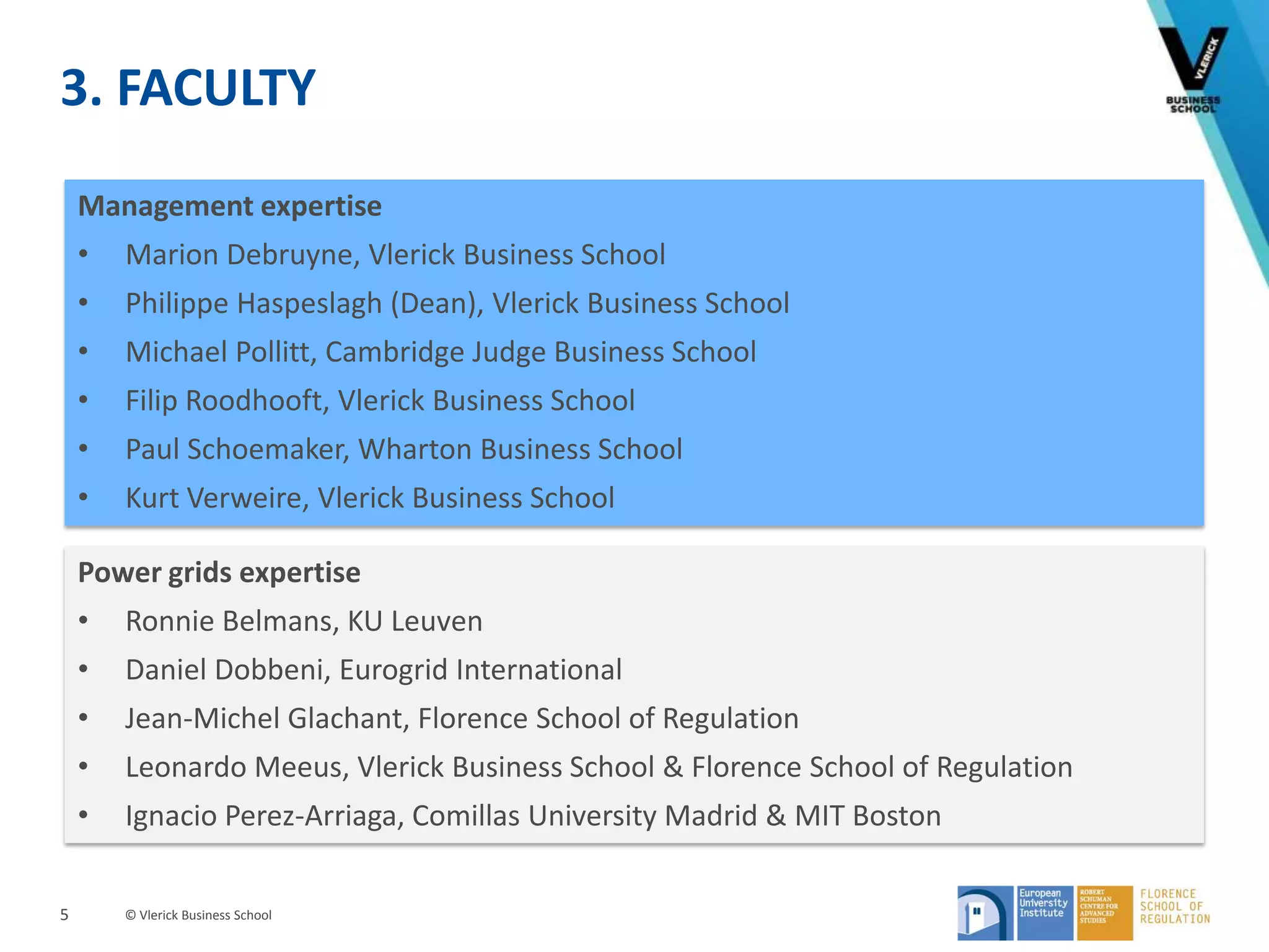 © Vlerick Business School
3. FACULTY
5
Power grids expertise
• Ronnie Belmans, KU Leuven
• Daniel Dobbeni, Eurogrid International
• Jean-Michel Glachant, Florence School of Regulation
• Leonardo Meeus, Vlerick Business School & Florence School of Regulation
• Ignacio Perez-Arriaga, Comillas University Madrid & MIT Boston
Management expertise
• Marion Debruyne, Vlerick Business School
• Philippe Haspeslagh (Dean), Vlerick Business School
• Michael Pollitt, Cambridge Judge Business School
• Filip Roodhooft, Vlerick Business School
• Paul Schoemaker, Wharton Business School
• Kurt Verweire, Vlerick Business School
 